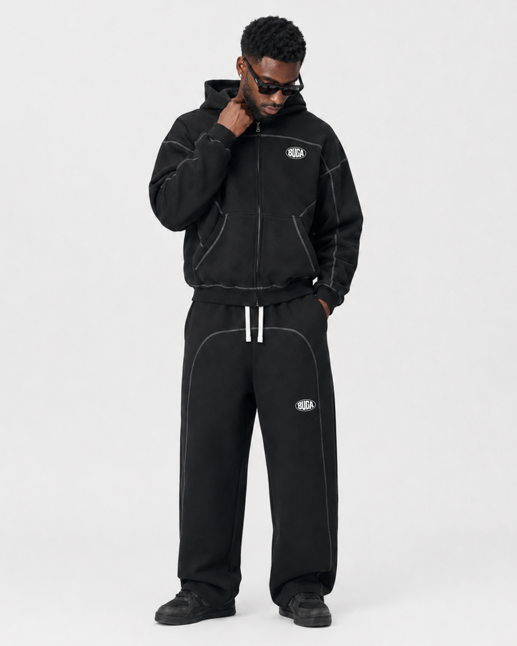 BUGA Signature Panel set in black – zip hoodie and wide-leg pants