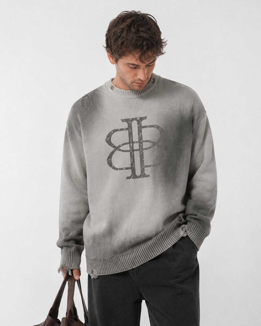BUGA Eroded Sweater in Mineral Ash – heavyweight cotton product view