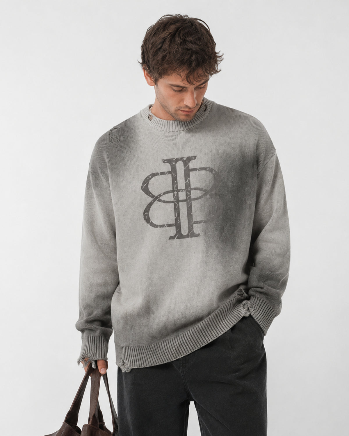 BUGA Eroded Sweater in Mineral Ash – heavyweight cotton product view