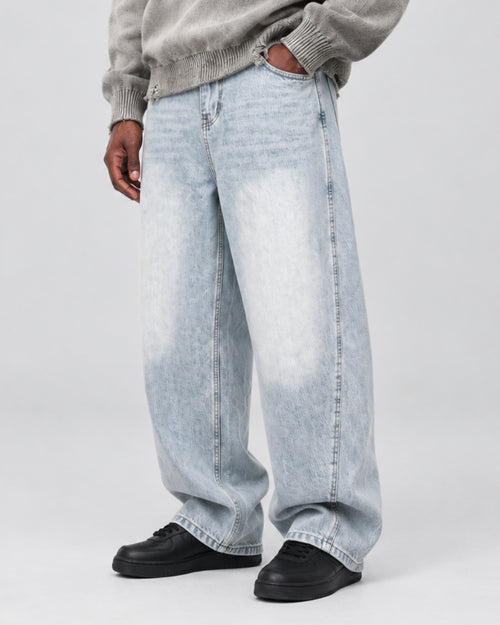 BUGA Eroded Barrel Jeans in Ice Wash – heavyweight denim product view