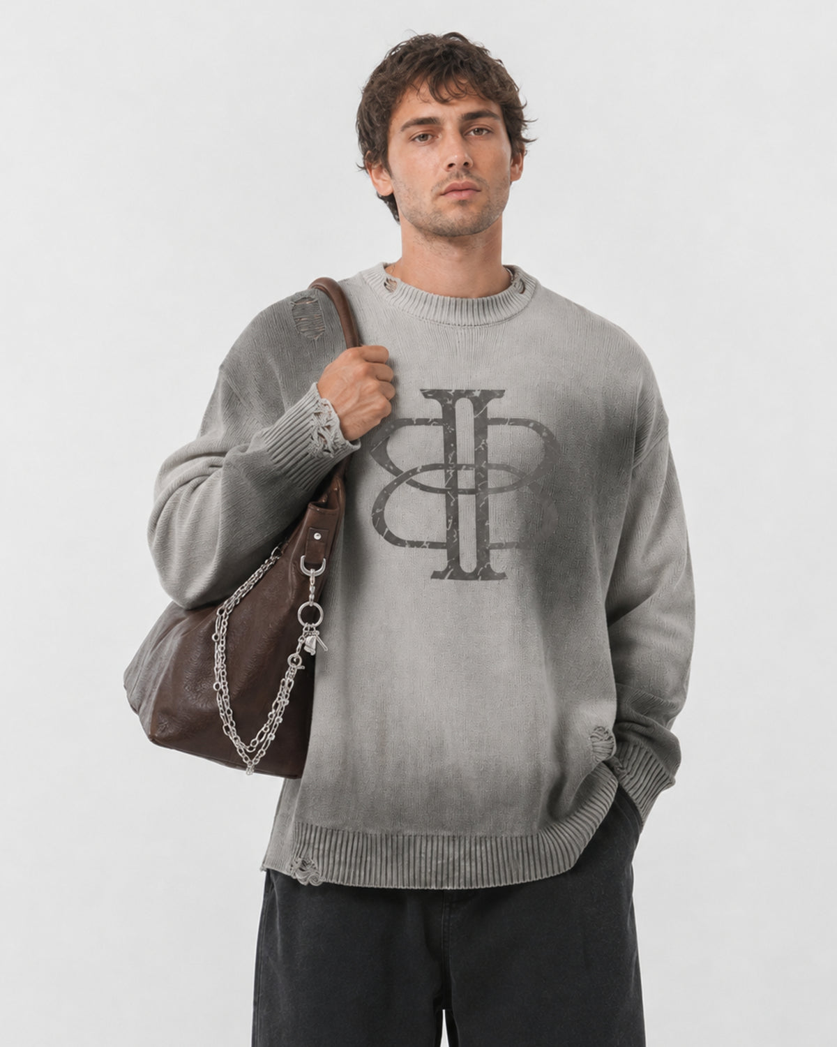 BUGA Eroded Sweater – oversized Mineral Ash cotton crewneck