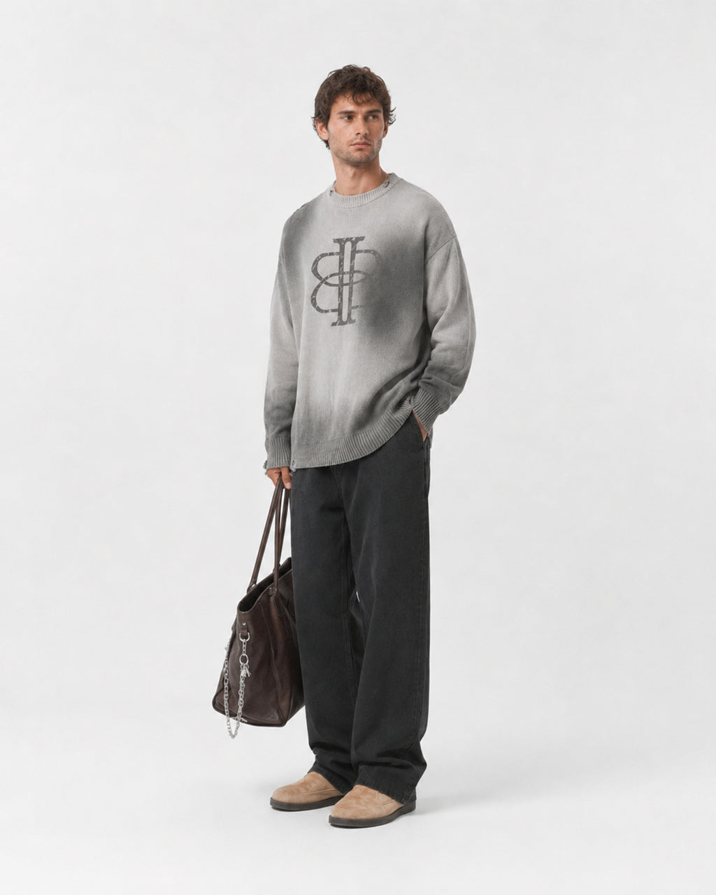 BUGA Eroded Sweater in Mineral Ash – distressed cotton crewneck view