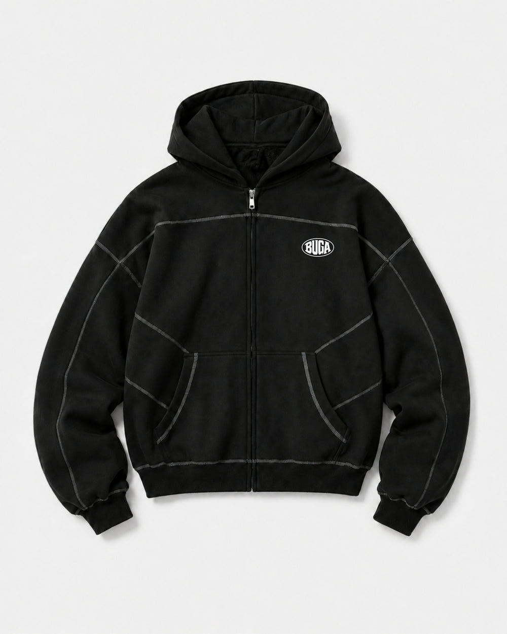 BUGA Signature Panel Zip Hoodie in black – heavyweight boxy-fit streetwear hoodie