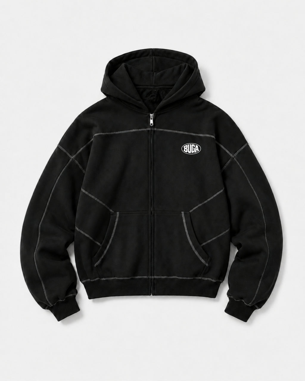 BUGA Signature Panel Zip Hoodie in black – heavyweight boxy-fit streetwear hoodie