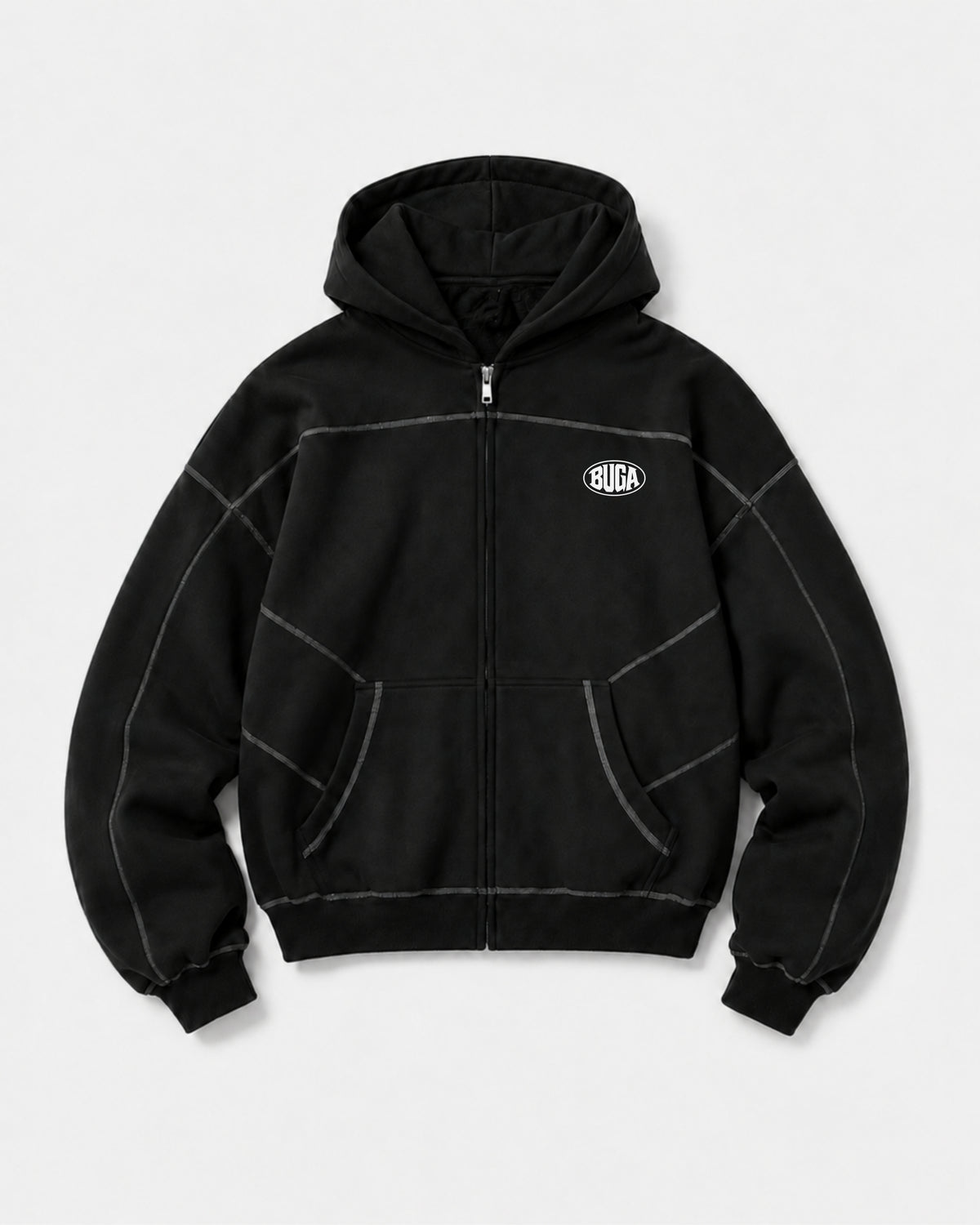 BUGA Signature Panel Zip Hoodie in black – heavyweight boxy-fit streetwear hoodie