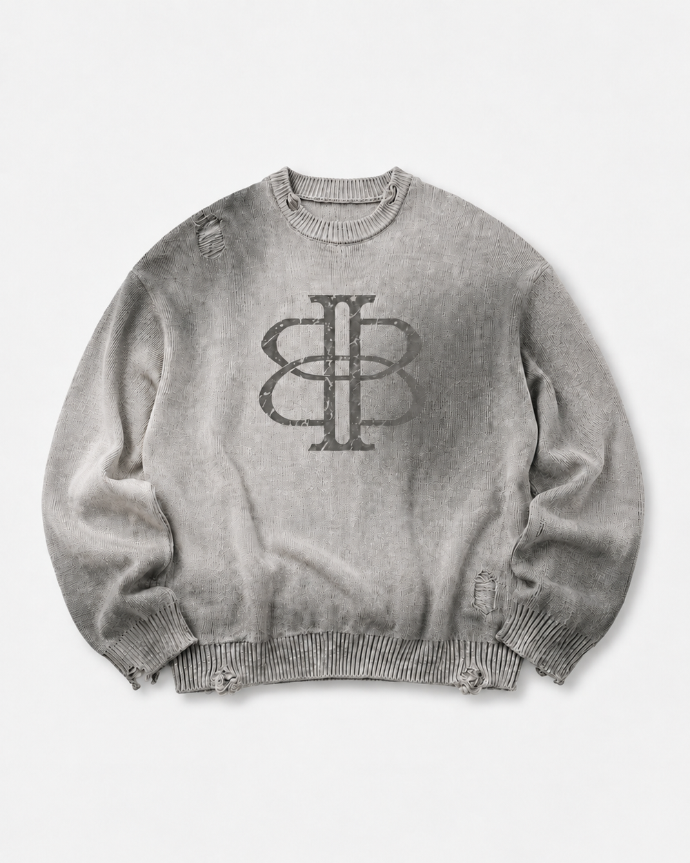 BUGA Eroded Sweater in Mineral Ash – heavyweight distressed cotton crewneck