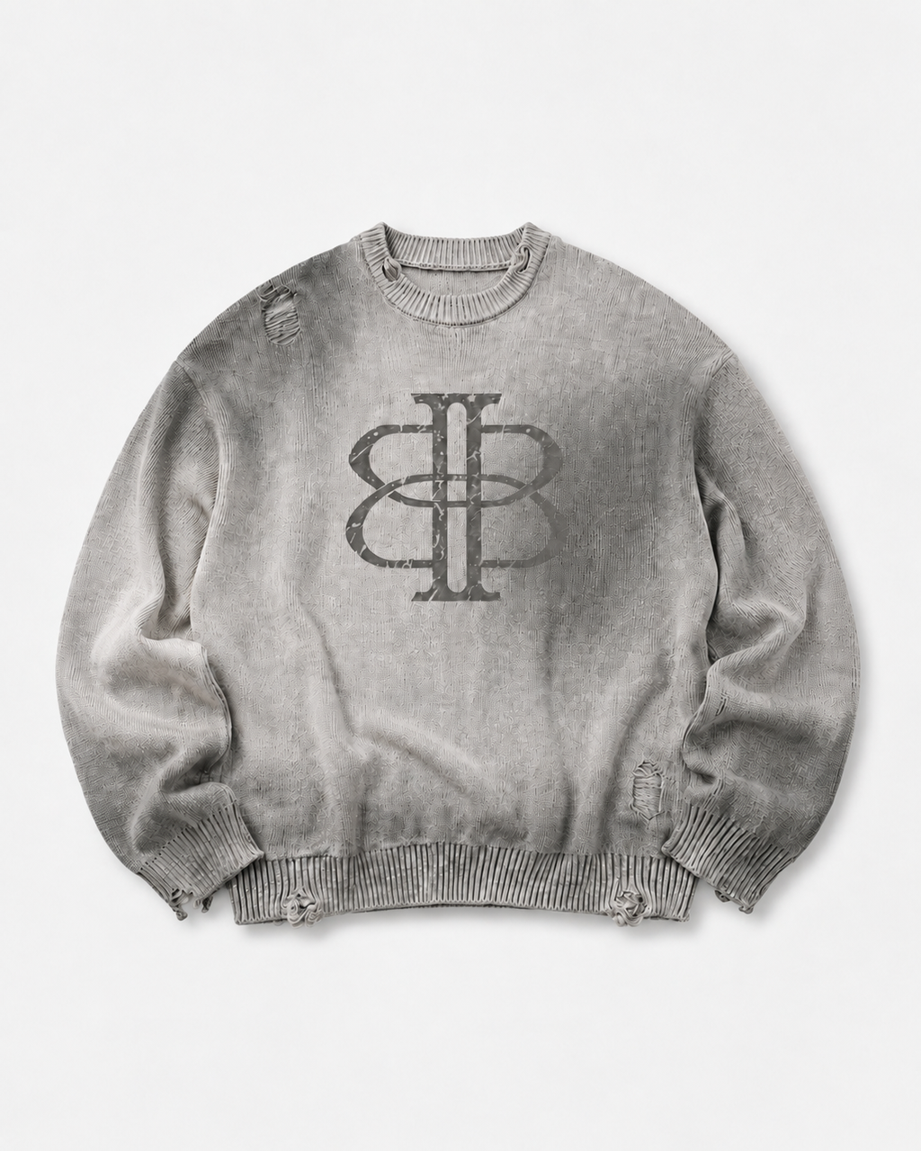 BUGA Eroded Sweater in Mineral Ash – heavyweight distressed cotton crewneck