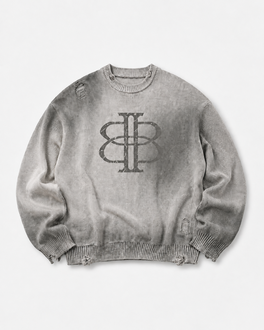 BUGA Eroded Sweater in Mineral Ash – heavyweight distressed cotton crewneck