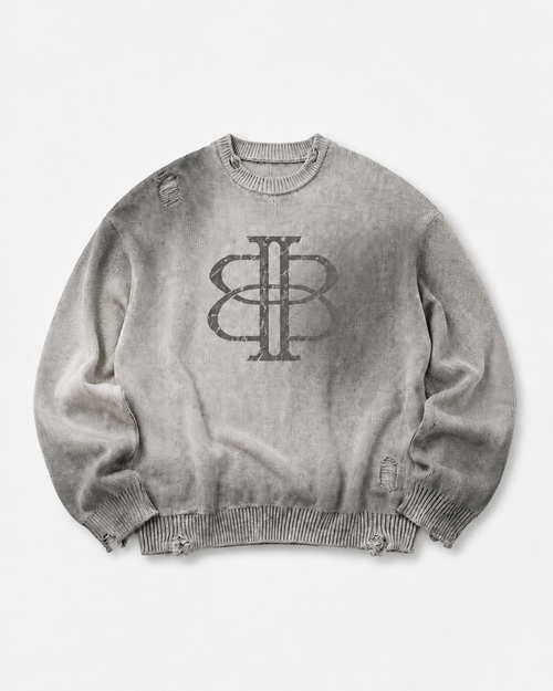 BUGA Eroded Sweater in Mineral Ash – heavyweight distressed cotton crewneck