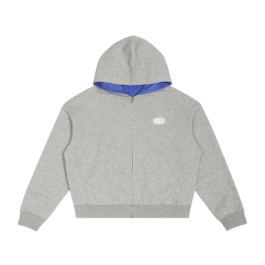 Contrast Plaid Boxy Zip Hoodie