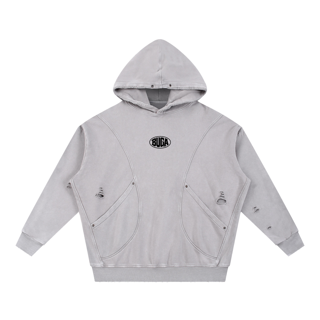 Snow Washed Distressed Panel Pocket Hoodie