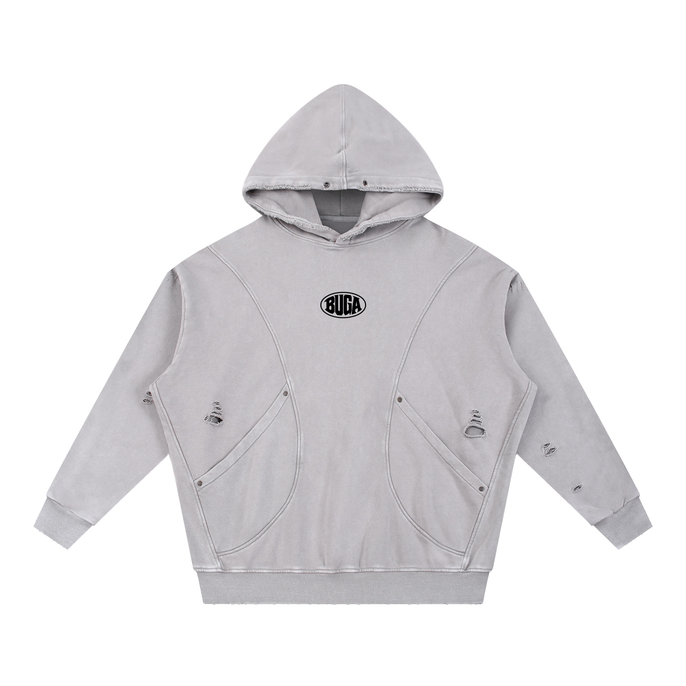 Snow Washed Distressed Panel Pocket Hoodie